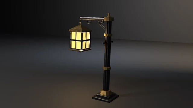 A cast-iron street lamp: fluted post with brass collars and a ladder bar, a braced arm with wrought scrolls, and a banded brass lantern lit amber from inside.
