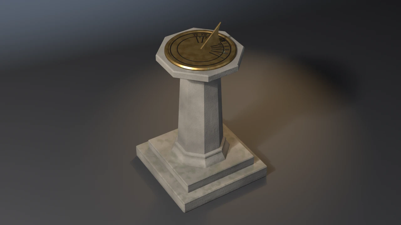 A garden sundial: a stepped stone plinth and tapered octagonal granite column under a cap, carrying a round bronze dial with Roman numerals, chapter rings and a triangular gnomon.