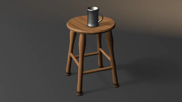 A wooden tavern stool with a grained, dished round seat holding a pewter tankard, turned splayed legs, stretcher rungs at two heights, and dark iron ferrules on flat treads.