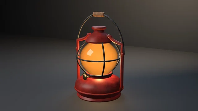 A red enamel hurricane lantern with a glowing amber glass globe, black wire guard, side air tubes, brass wick knob and a wire bail with a wooden grip, all one joined object on a dark studio floor.