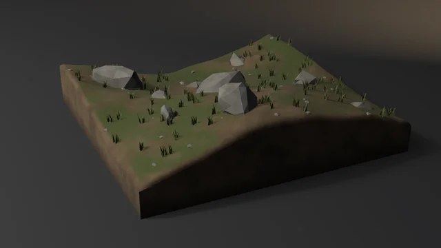 A square hill tile of patchy grass over dark earth with a rounded soil edge, nine faceted grey stones sunk across it among grass tufts and pebbles.