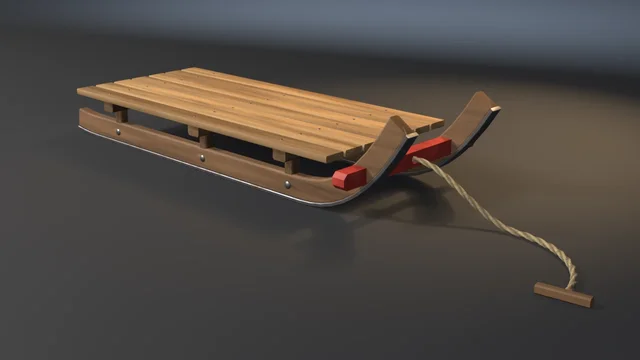 A wooden sled in three-quarter view: steel-shod runners rising into high front horns, a screwed seven-slat deck, a red steering bar through the horns and a twisted hemp rope.