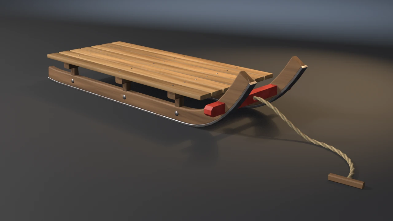 A wooden sled in three-quarter view: steel-shod runners rising into high front horns, a screwed seven-slat deck, a red steering bar through the horns and a twisted hemp rope.