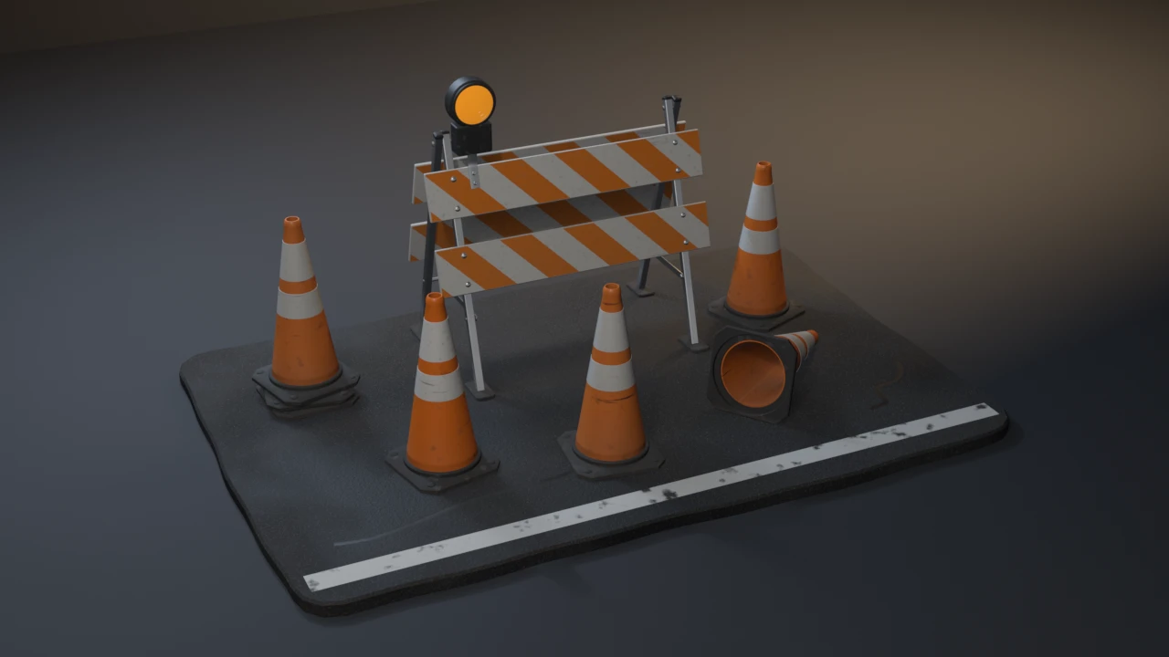 Scuffed orange cones on a patch of asphalt, three in a row, three stacked and one knocked over showing its open base, before a striped A-frame barricade with an amber lamp.
