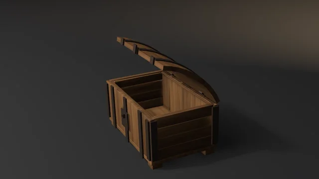 An open grained wooden treasure chest with iron bands following its barrel-vaulted lid.