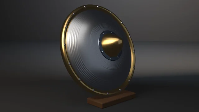 A steel buckler on a walnut stand, turned three-quarter: pointed brass boss, domed face cut with two bands of concentric lathe grooves, brass rim ringed with steel rivets.