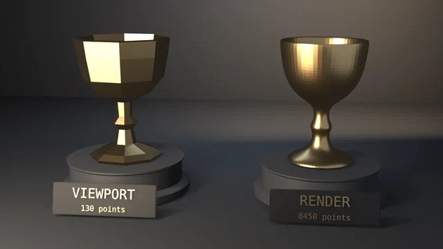 Two brass goblets on dark plinths, each re-imported from its own USDA export: an eight-sided 130-point goblet labelled VIEWPORT on the left and a smooth 8450-point goblet labelled RENDER on the right.
