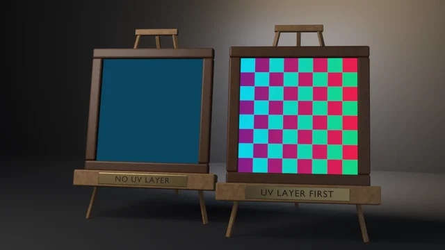 Two walnut-framed tile panels on oak easels with brass placards: NO UV LAYER on the left, flat teal, and UV LAYER FIRST on the right, a full magenta, cyan and green checker.