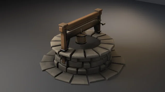 A round well of chamfered, irregular stone blocks with a timber windlass frame, every masonry joint and the shaft darkened by baked vertex-colour ambient occlusion.