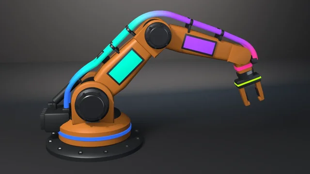 An orange industrial robot arm reaching down with a two-jaw gripper, each segment glowing in its bone colour and the cables on its back grading from colour to colour across each joint.