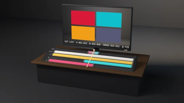 A monitor on a walnut desk showing crimson, teal, amber and cross-blend cells, above a tilted timeline console laying out the same strips as coloured blocks under a playhead.