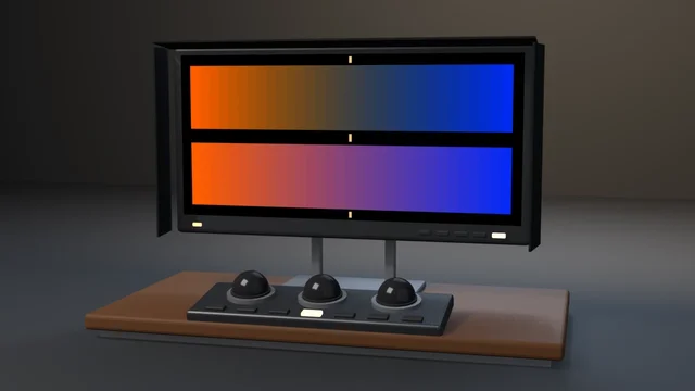 A hooded grading monitor showing two orange-to-blue filmstrips: the gamma cross on top sinks to dark grey in the middle, while the linear cross beneath it passes through violet.