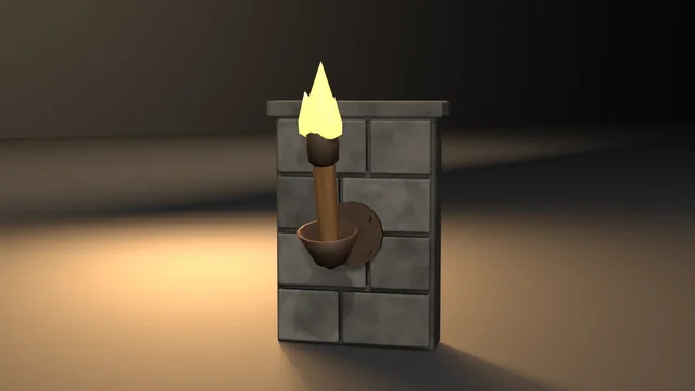 A wall torch: a dark-jointed stone plaque with a round iron plate and level arm holding a cup, from which a leaning wooden torch with a pitch-wrapped head burns above the cornice.