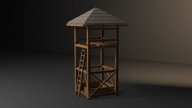 A grained timber watchtower on braced legs, seen from low and close, with a ladder, a railed platform on deck girts, rusted iron collars and a weathered cedar shake roof.