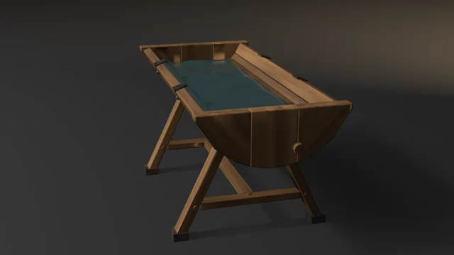 A staved wooden water trough on pegged trestle legs, iron straps bolted and clipped over its rim, half full of rippled dark water, a bung in one end.