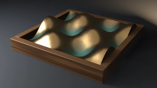 A cast bronze tile in a walnut frame whose top is a grid displaced into rolling sine-wave crests, polished on the peaks with green verdigris pooled in the troughs.