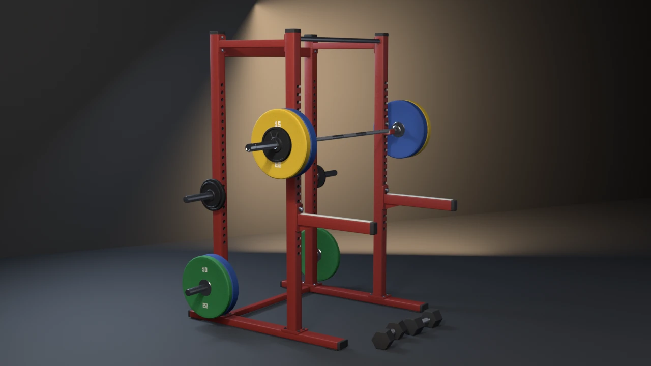 A red home-gym half rack holding an Olympic barbell loaded with blue and yellow bumpers on J-hooks, plates on storage horns and two hex dumbbells, on a dark studio floor.