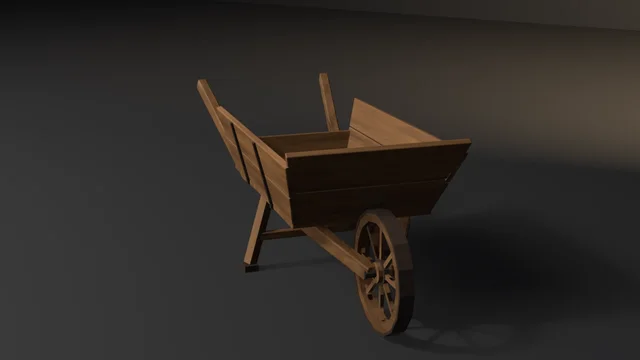 A wooden wheelbarrow with a flared tray of stacked boards held by iron straps, its front raked out over a spoked wheel, and two long shafts running from the handles under the tray to the axle.