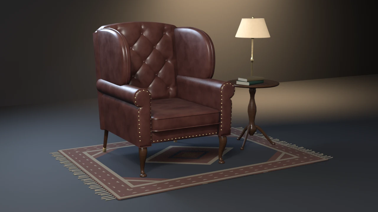 An oxblood leather wingback armchair with a deep-button tufted back and brass-nailed rolled arms, beside a tripod side table with a brass reading lamp and books, on a fringed rug.
