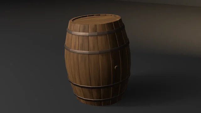 A wooden stave barrel bound by four iron hoops, its head made of boards.