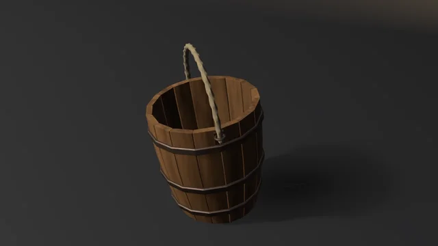 A wooden stave bucket with three iron hoops and a twisted rope handle through iron ear rings.