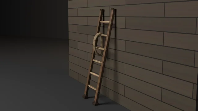 An oak ladder with six pale turned hickory rungs through-tenoned into its rails, iron tie-rods under the end rungs, leaning on a board wall with a rope coil on a rung.