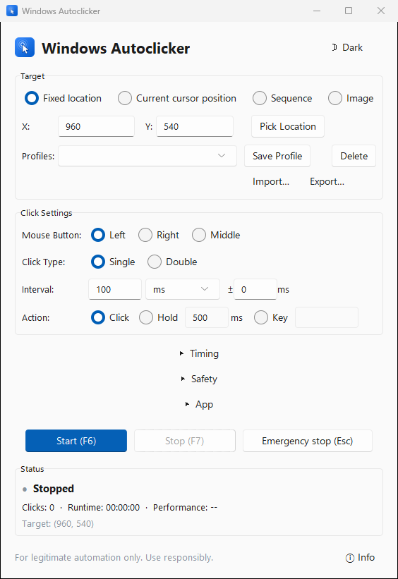 Windows Autoclicker main window with target, click settings and start controls