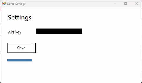 A settings window with the API key covered by a black box. A red box and the label 'Save hangs for 2.5 s' point at the Save button until a progress bar fills and a green Saved banner appears.