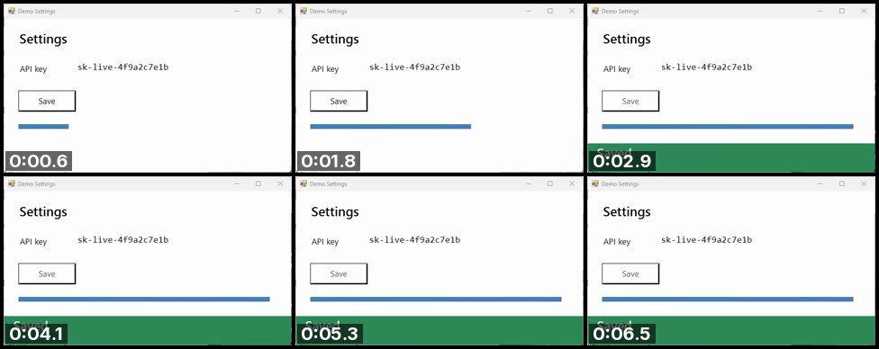 A 3 by 2 grid of frames from the recording, each stamped with its time: the progress bar fills, then the Saved banner stays on screen for the last half.