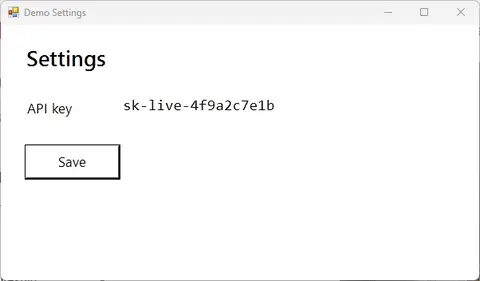 Animated WebP of the settings window: a progress bar fills under the Save button, then a green Saved banner slides in.