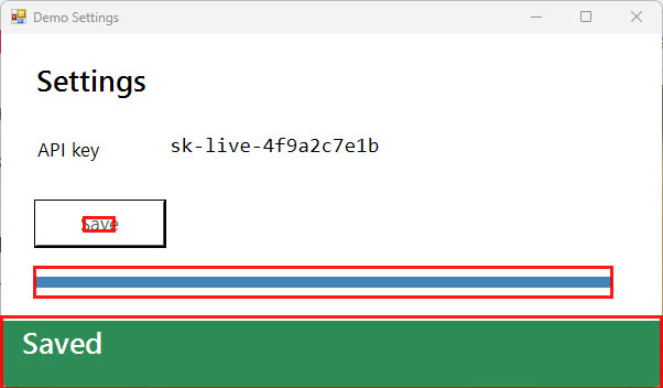 The settings window after saving, with red boxes around the three areas that changed: the Save button text, the progress bar, and the green Saved banner.