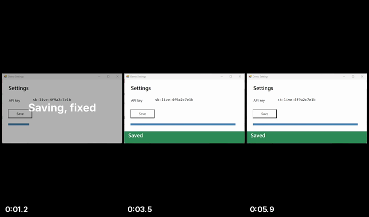Three frames of the vertical clip: the title card fading into the letterboxed settings window, then the window with the Saved banner.